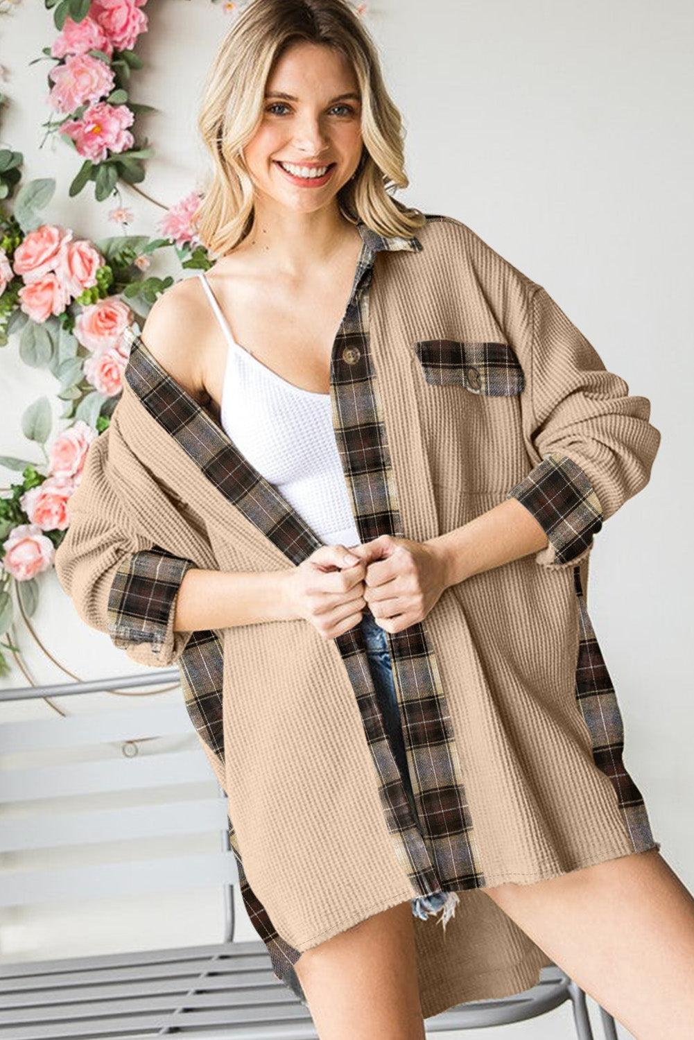 BMC 🖤Apricot Plaid Patchwork Waffle Thermal Knit Shacket