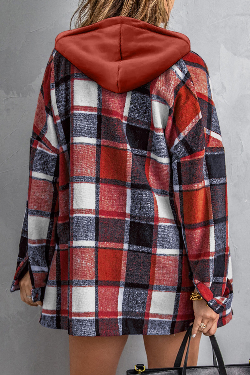 BMC🖤 Red Hooded Plaid Button Front Shacket