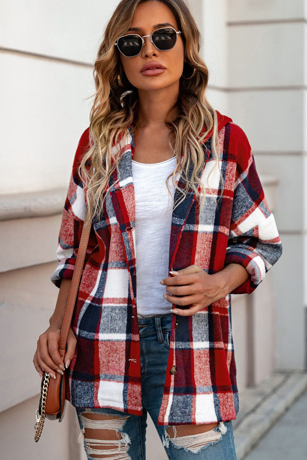 BMC🖤 Red Hooded Plaid Button Front Shacket