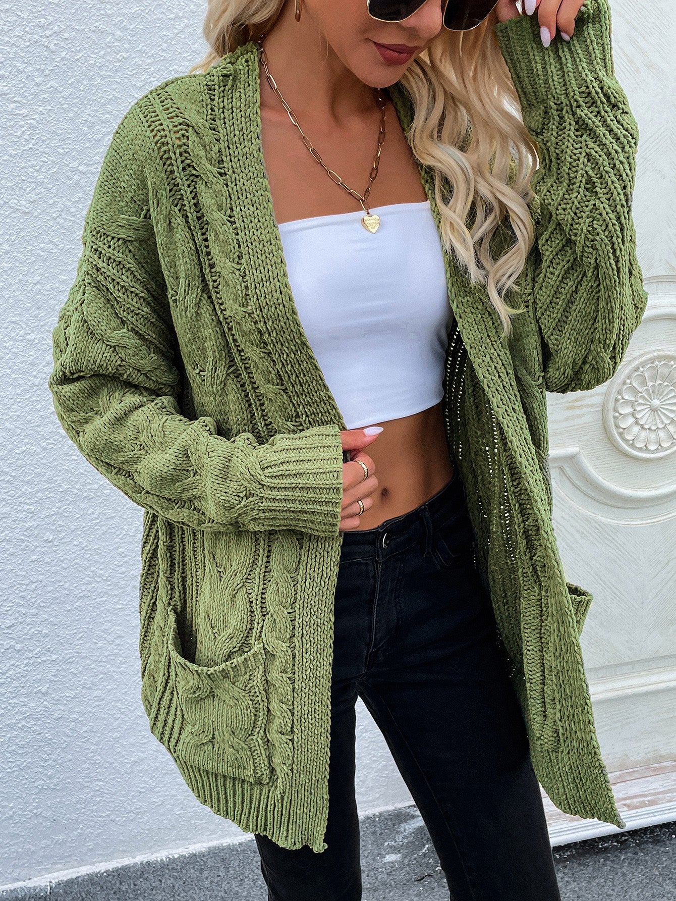 Cable-Knit Cardigan with Front Pockets 🤍